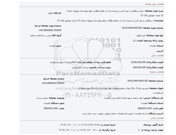 مزایده، سرقفلی و حق کسب و پیشه یک باب مغازه واقع در  بلوار بهارستان روبروی خیابان 12 متری جهانپور پلاک 13