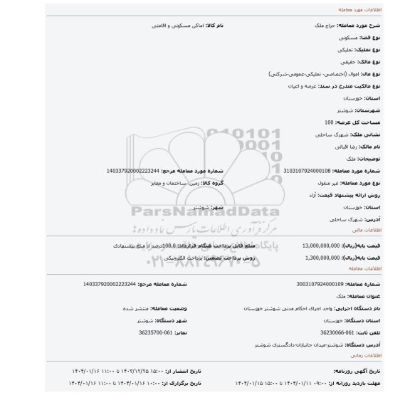 مزایده، ملک