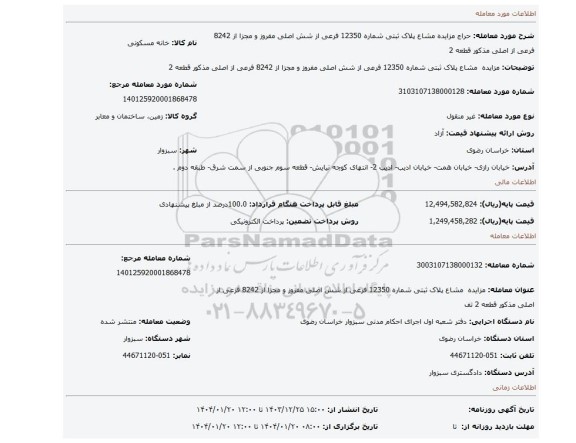 مزایده، مزایده مشاع پلاک ثبتی شماره 12350 فرعی از شش اصلی مفروز و مجزا از 8242 فرعی از اصلی مذکور قطعه 2