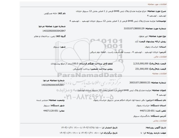 مزایده،  مزایده مشاع پلاک ثبتی 6448 فرعی از 1 اصلی بخش 12 سبزوار  خیابان ابوسعید  ، ابوسعید 4