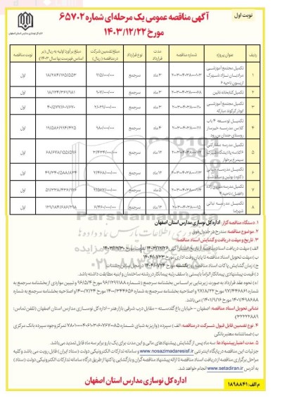 مناقصه تکمیل مجتمع آموزشی مرادیان نژاد شهرک اریسون ناحیه 6 ...
