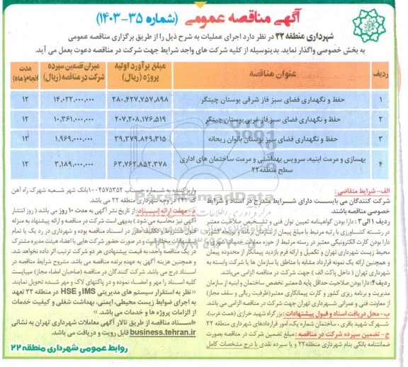 مناقصه حفظ و نگهداری فضای سبز فاز شرقی بوستان چیتگر...