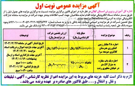 مزایده اجاره 28 هکتار زمین کشاورزی هنرستان ...
