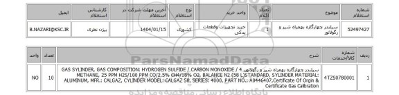 استعلام سیلندر چهارگازه بهمراه شیر و رگولاتور
