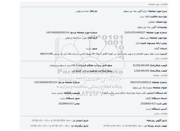 مزایده، آگهی مال غیر منقول