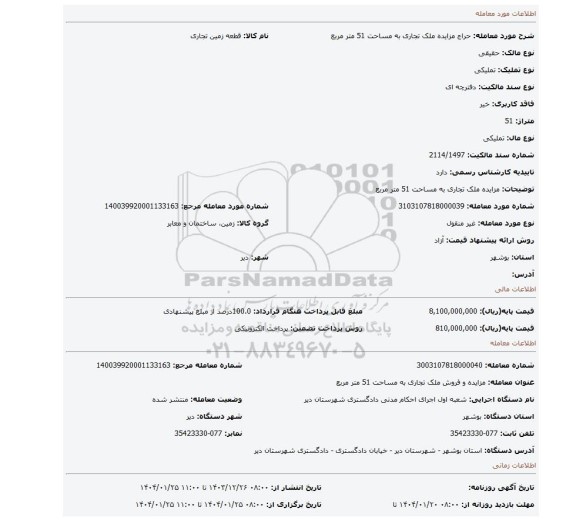 مزایده، مزایده ملک تجاری به مساحت 51 متر مربع