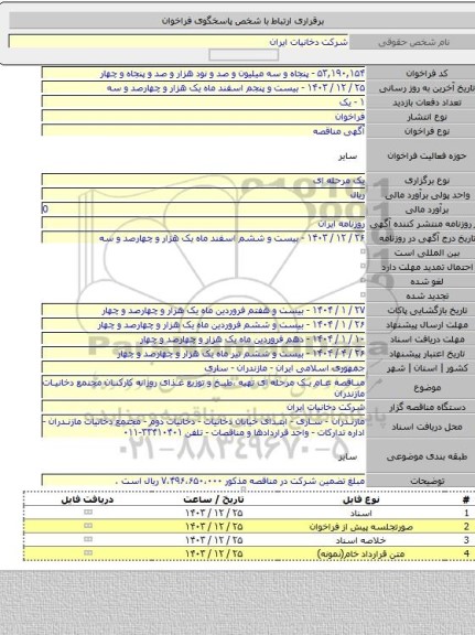مناقصه, مناقصه عام یک مرحله ای تهیه ،طبخ و توزیع غذای روزانه کارکنان مجتمع دخانیات مازندران