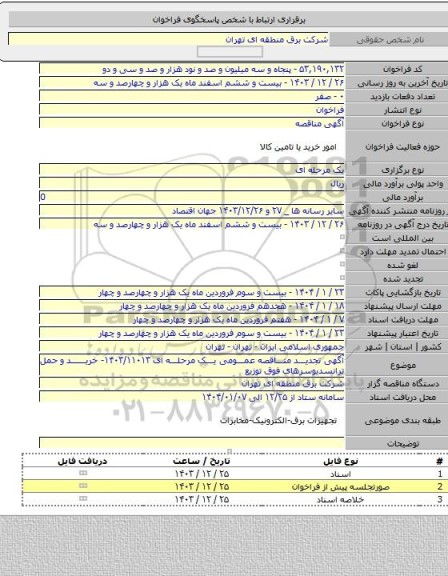 مناقصه, آگهی تجدید مناقصه عمومی یک مرحله ای ۱۴۰۳/۱۱۰۱۳- خرید و حمل ترانسدیوسرهای فوق توزیع