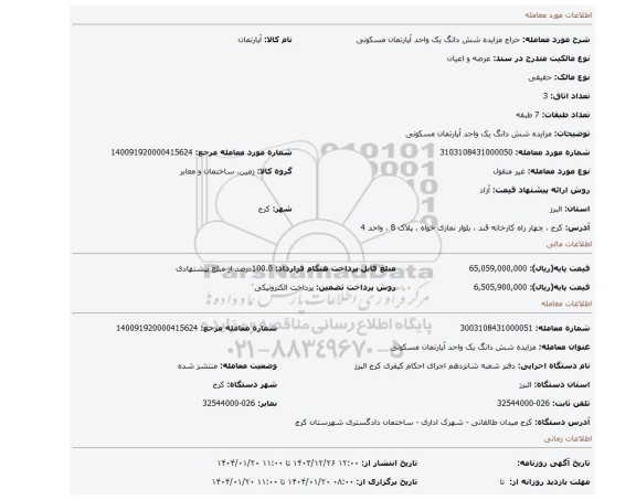 مزایده، مزایده شش دانگ یک واحد آپارتمان مسکونی
