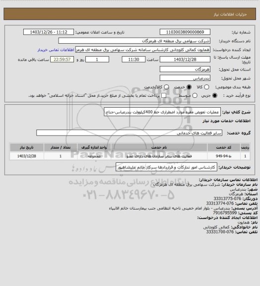 استعلام عملیات تعویض مقره موارد اضطراری خط 400کیلوولت بندرعباس-جناح