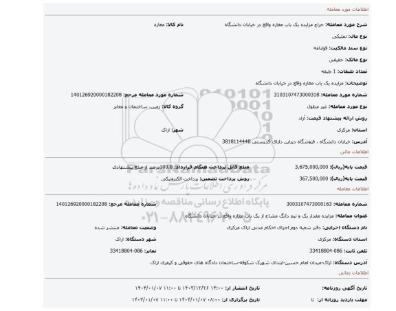 مزایده، مزایده یک باب مغازه واقع در خیابان دانشگاه