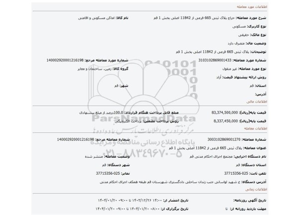 مزایده، پلاک ثبتی 665 فرعی از 11842 اصلی بخش 1 قم