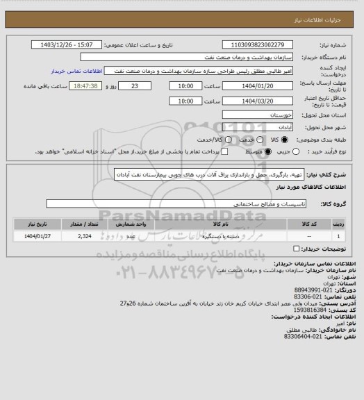 استعلام تهیه، بارگیری، حمل و باراندازی یراق آلات درب های چوبی بیمارستان نفت آبادان