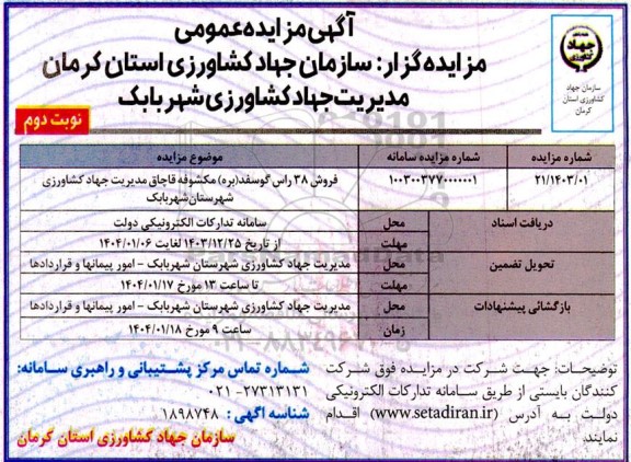 مزایده فروش 38 راس گوسفد (بره) مکشوفه قاچاق - نوبت دوم