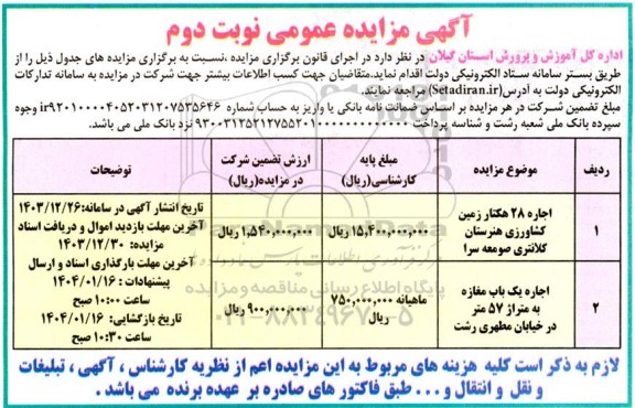 مزایده اجاره 28 هکتار زمین کشاورزی هنرستان ...نوبت دوم