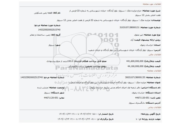 مزایده، مزایده ملک : سبزوار- بلوار آزادگان- خیابان شهرستانی به شماره 22 فرعی از هفت اصلی بخش 12 سبزوار