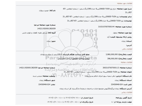 مزایده، پژو 206SD-TU5Aتیپ6 -مدل:1390رنگ:سفید : شماره انتظامی :87-857ب31