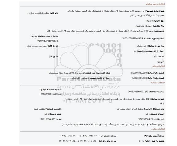 مزایده، سهم الارث محکوم علیه 1/2دانگ مشاع از ششدانگ حق کسب و پیشه یک باب مغازه پلاک ثبتی174 اصلی بخش 1قم