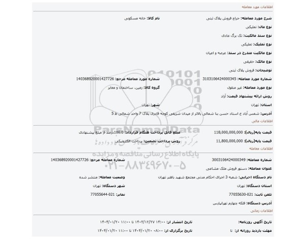 مزایده، فروش پلاک ثبتی