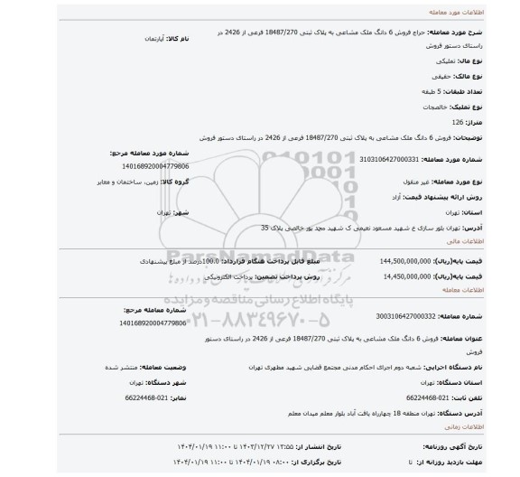 مزایده، فروش 6 دانگ ملک مشاعی به پلاک ثبتی 18487/270 فرعی از 2426 در راستای دستور فروش