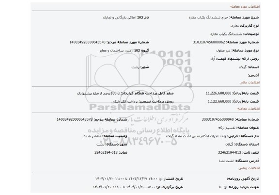 مزایده، ششدانگ یکباب مغازه