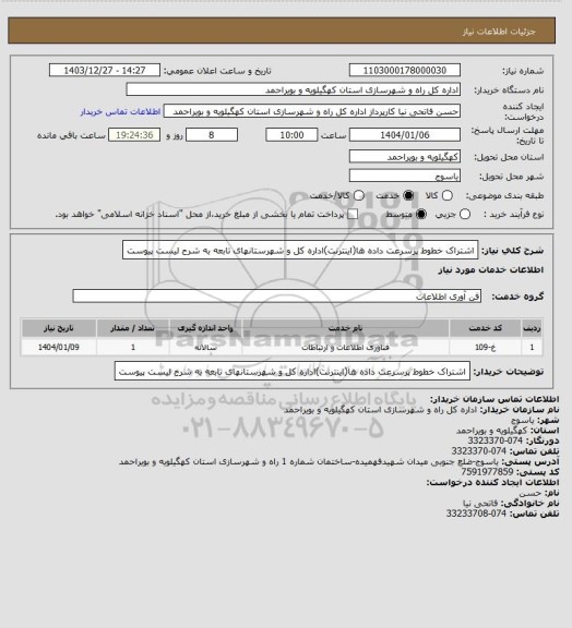 استعلام اشتراک خطوط پرسرعت داده ها(اینترنت)اداره کل و شهرستانهای تابعه به شرح لیست پیوست