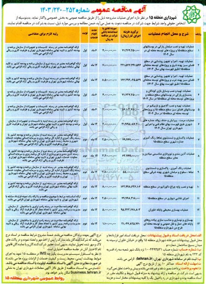 مناقصه عملیات تهیه و نصب مبلمان پارکی در بوستانها.....