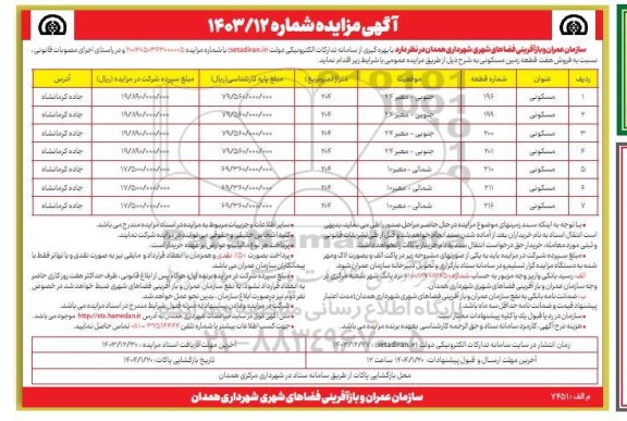 مزایده فروش هفت قطعه زمین مسکونی