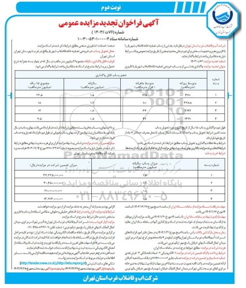 تجدید مزایده بخشی از پساب تصفیه خانه فاضلاب - نوبت دوم