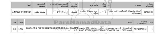 استعلام قطعات وتجهیزات ابزاردقیقی خاص بخش فولادسازی