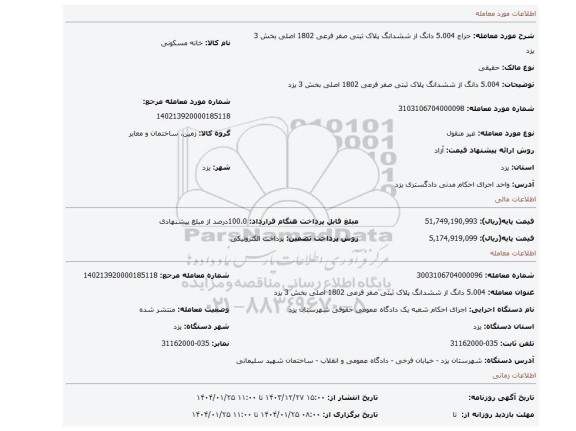 مزایده، 5.004 دانگ از ششدانگ پلاک ثبتی صفر فرعی 1802 اصلی بخش 3 یزد