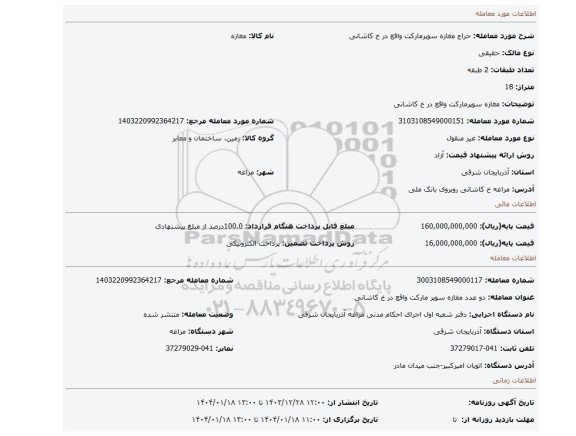 مزایده، مغازه سوپرمارکت واقع در خ کاشانی