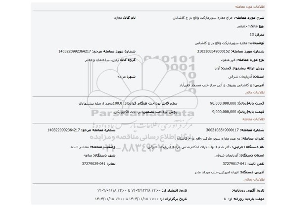 مزایده، مغازه سوپرمارکت واقع در خ کاشانی