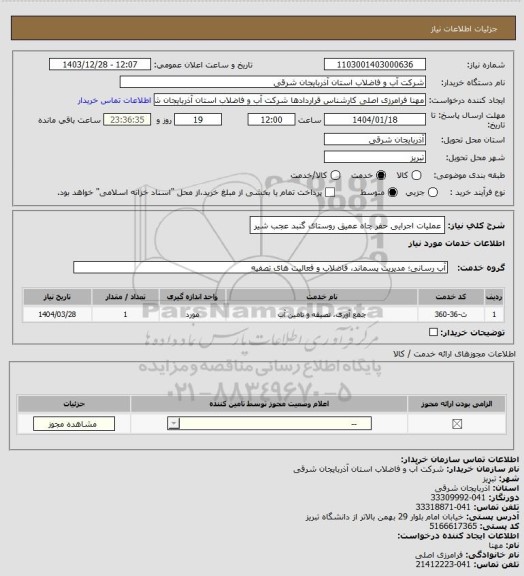 استعلام عملیات اجرایی حفر چاه عمیق روستای گنبد عجب شیر