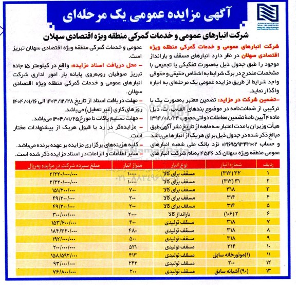 مزایده اجاره انبارهای مسقف و بارانداز