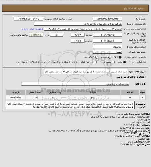 استعلام خرید مواد غذایی طبق مشخصات فایل پیوست نیاز فوری حداقل 24 ساعت تحویل کالا
