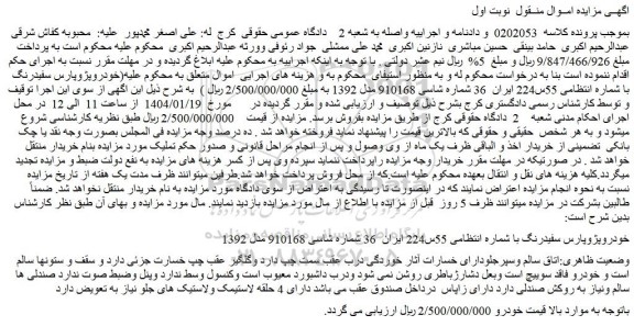 مزایده فروش خودرو پژو پارس سفیدرنگ