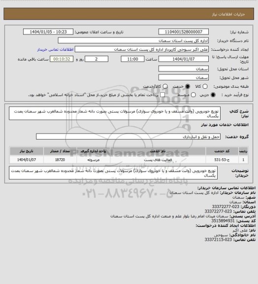 استعلام توزیع خودرویی (وانت مسقف و یا خودروی سواری) مرسولات پستی بصورت دانه شمار محدوده شمالغرب شهر سمنان بمدت یکسال