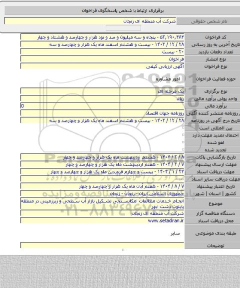 مناقصه, انجام خدمات مطالعات امکانسنجی تشکیل بازار آب سطحی و زیرزمینی در منطقه پایلوت دشت ابهر