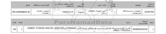استعلام تجهیزات سیستم های هیدرولیکی