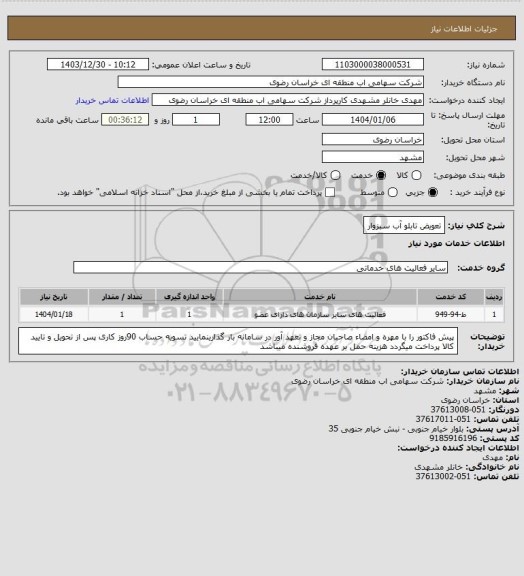 استعلام تعویض تابلو آب سبزوار