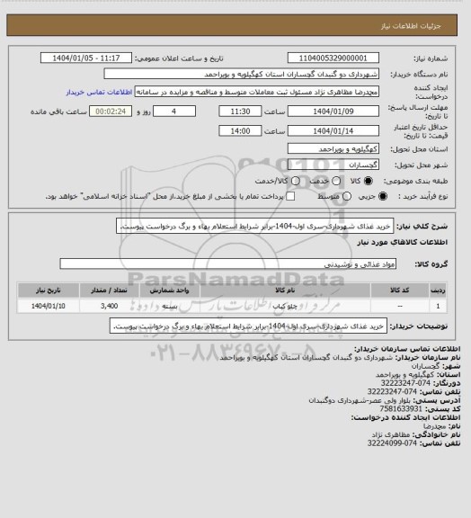 استعلام خرید غذای شهرداری-سری اول-1404-برابر شرایط استعلام بهاء و برگ درخواست پیوست.