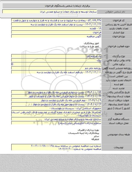 مناقصه, انجام ۱۵ هزار متر عملیات حفاری مغزه گیری در محدوده های اکتشافی استان سیستان و بلوچستان