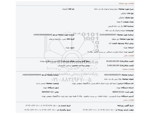 مزایده، عرصه و اعیان یک باب خانه