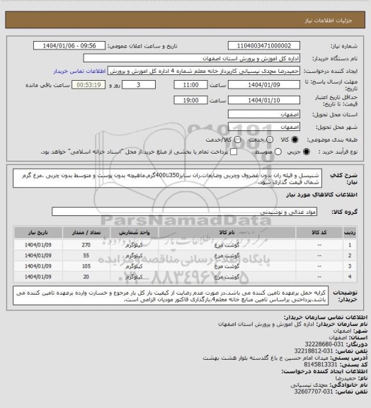 استعلام شنیسل و فیله ران بدون غضروف وچربی وضایعات.ران سایز350تا400گرم.ماهیچه بدون پوست و متوسط بدون چربی .مرغ گرم شمال قیمت گذاری شود.