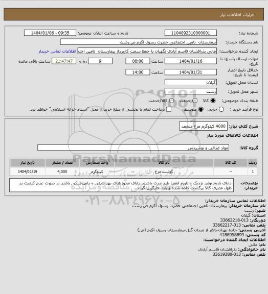 استعلام 4000 کیلوگرم مرغ منجمد