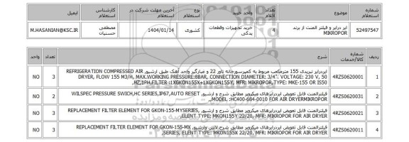 استعلام ایر درایر و فیلتر المنت از برند MIKROPOR