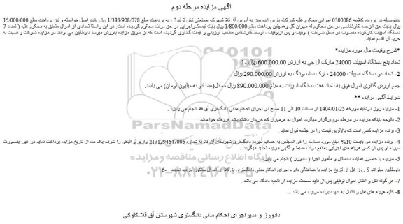 مزایده تعداد پنج دستگاه اسپیلت 24000 مارک ال جی و...