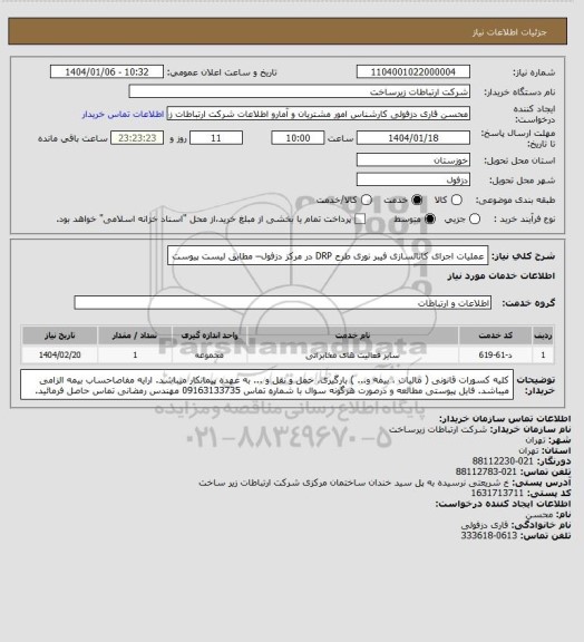 استعلام عملیات اجرای کانالسازی فیبر نوری طرح DRP در مرکز دزفول– مطابق لیست پیوست