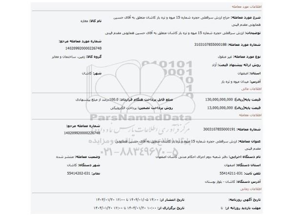 مزایده، ارزش سرقفلی حجره شماره 15 میوه و تره بار کاشان متعلق به آقای حسین همایونی مقدم فینی